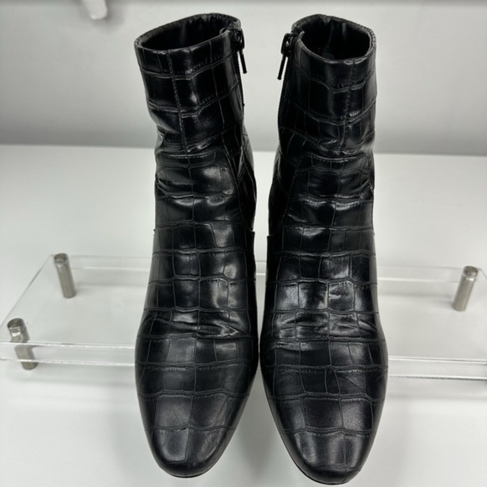 Mango Black‎ Crocodile Embossed Pointed Toe Block Heel Ankle Boots Size 39